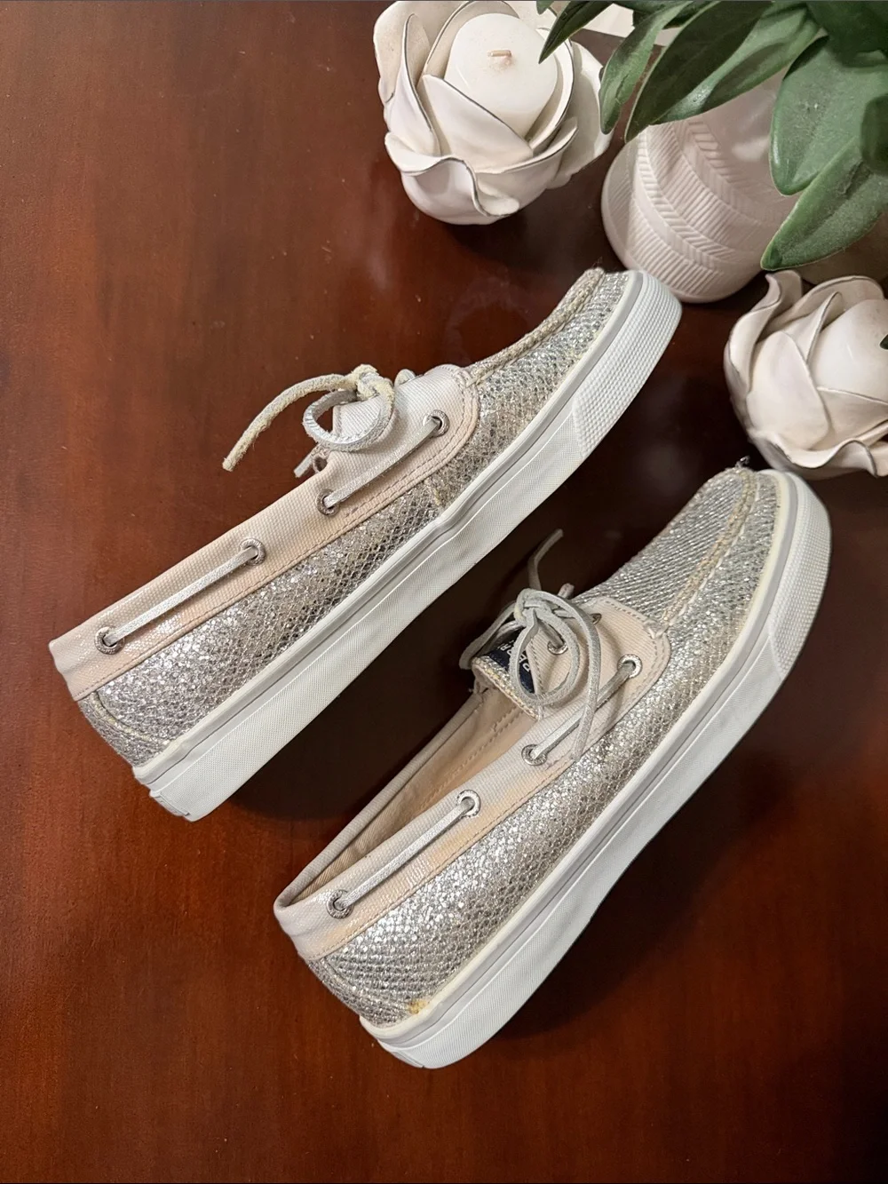 Sperry Topsiders Size 8.5M Metallic Silver Glitter Boat Shoes